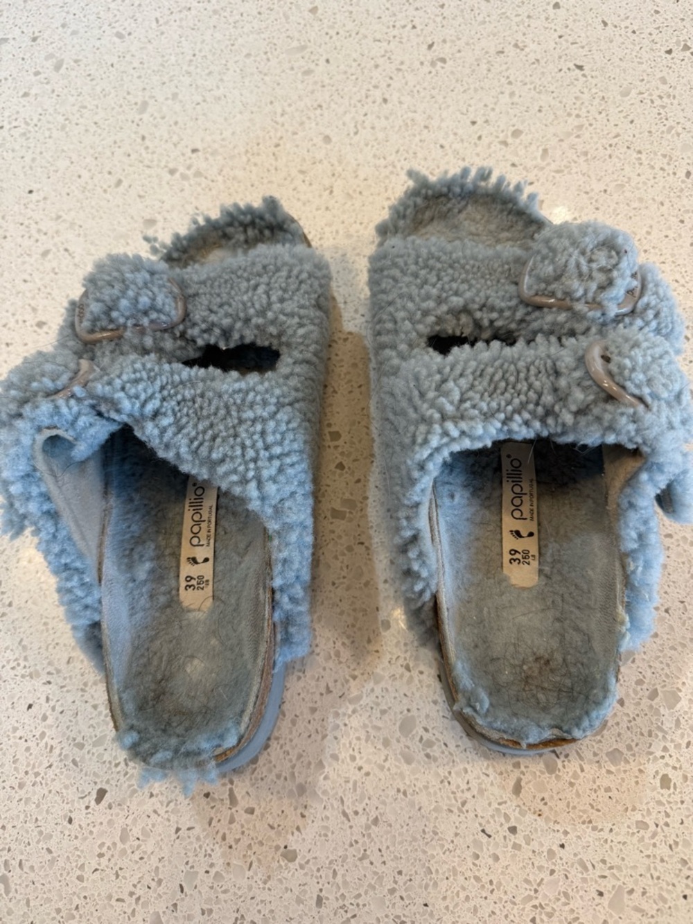 Papillio Light Blue Faux Shearling Slide Sandals with Buckles